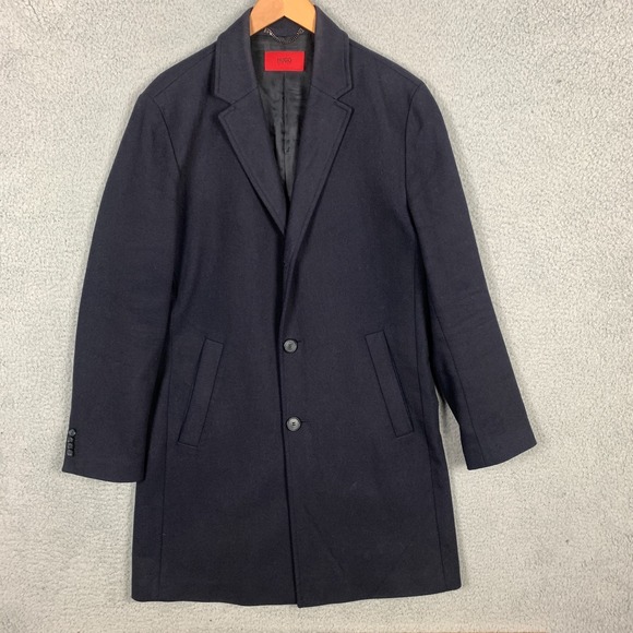 Hugo Boss Pea Coat Overcoat Men's 38R Navy Blue Malte 1941 Felted Wool Blend - Picture 1 of 15